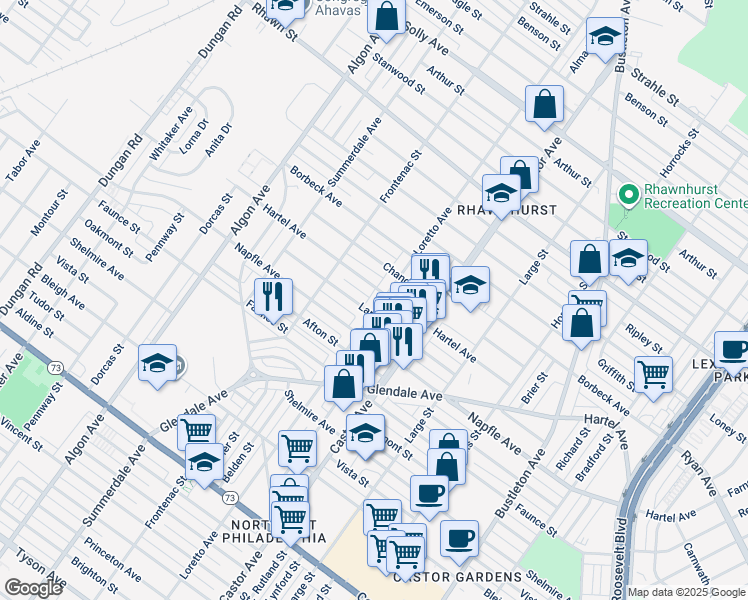 map of restaurants, bars, coffee shops, grocery stores, and more near 7726 Loretto Avenue in Philadelphia