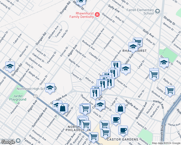 map of restaurants, bars, coffee shops, grocery stores, and more near 1807 Napfle Avenue in Philadelphia