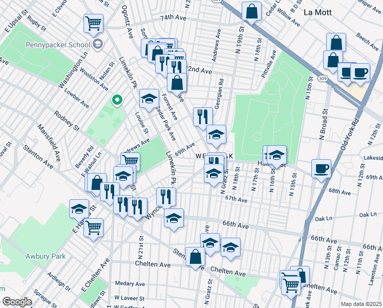map of restaurants, bars, coffee shops, grocery stores, and more near 6870 Forrest Avenue in Philadelphia