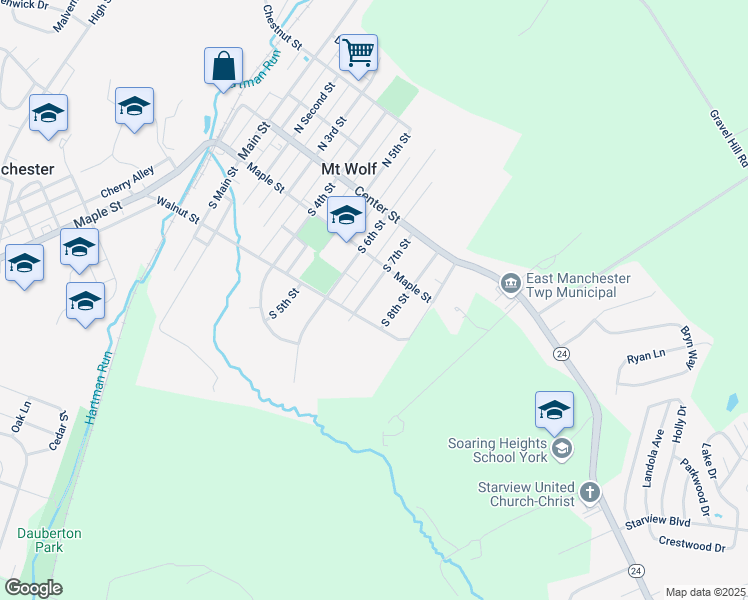 map of restaurants, bars, coffee shops, grocery stores, and more near 161 South 7th Street in Mount Wolf