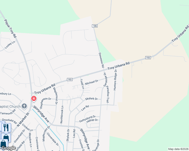 map of restaurants, bars, coffee shops, grocery stores, and more near 1380 Troy Urbana Road in Troy