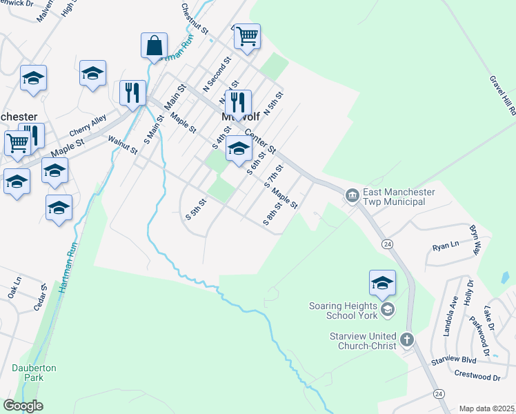 map of restaurants, bars, coffee shops, grocery stores, and more near 161 South 7th Street in Mount Wolf
