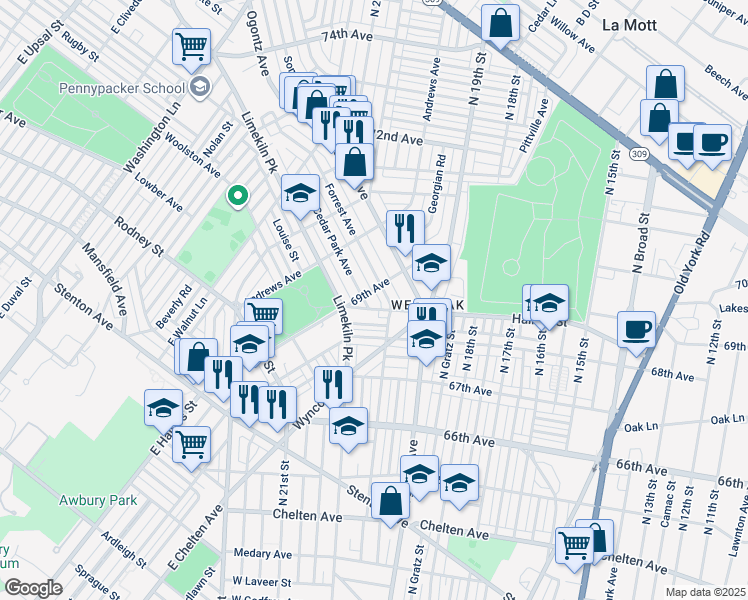 map of restaurants, bars, coffee shops, grocery stores, and more near 6801 Cedar Park Avenue in Philadelphia