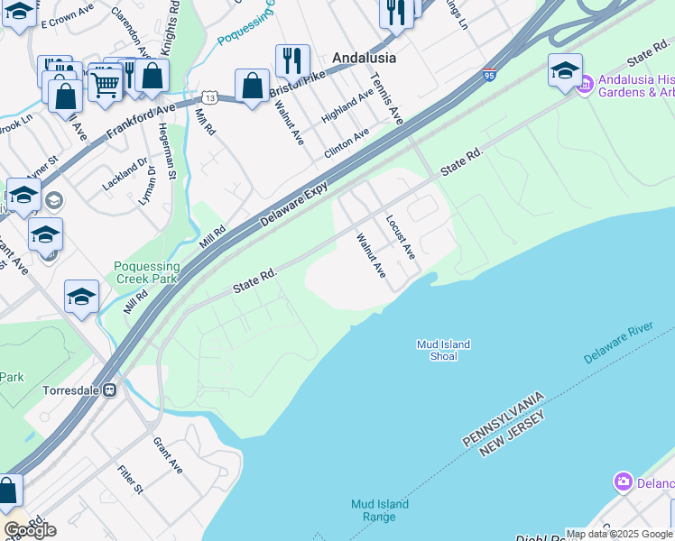 map of restaurants, bars, coffee shops, grocery stores, and more near 555 State Road in Bensalem
