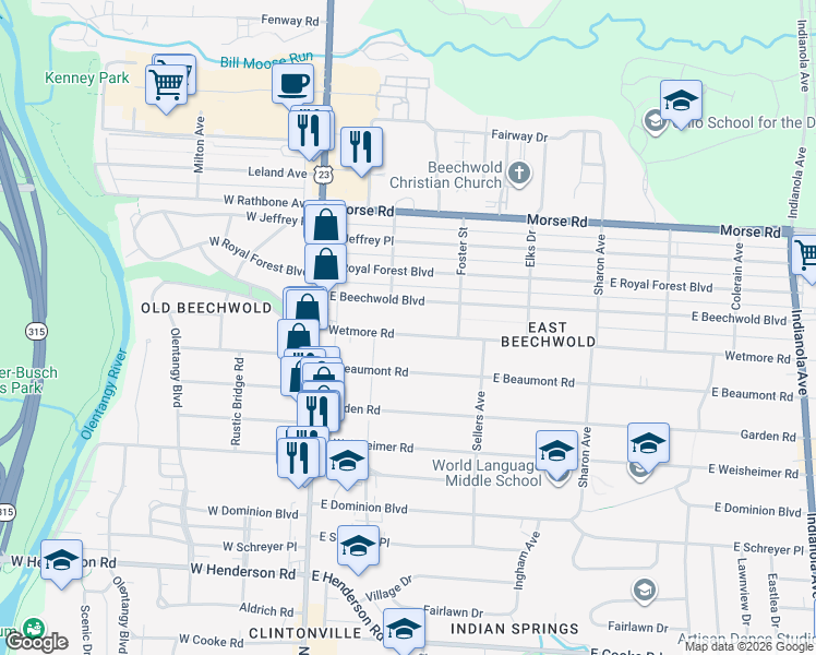 map of restaurants, bars, coffee shops, grocery stores, and more near 122 Wetmore Road in Columbus