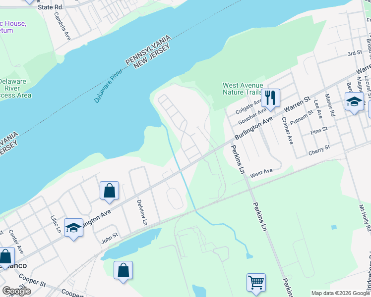 map of restaurants, bars, coffee shops, grocery stores, and more near 36 Swan Court in Delanco