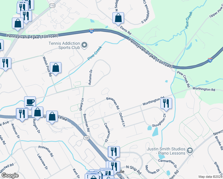 map of restaurants, bars, coffee shops, grocery stores, and more near 116 Neyland Court in Exton