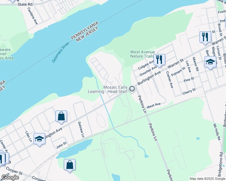 map of restaurants, bars, coffee shops, grocery stores, and more near 34 Swan Court in Delanco