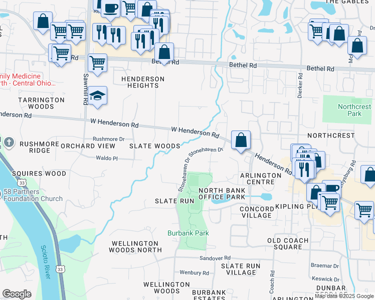 map of restaurants, bars, coffee shops, grocery stores, and more near 4881 Stonehaven Drive in Columbus