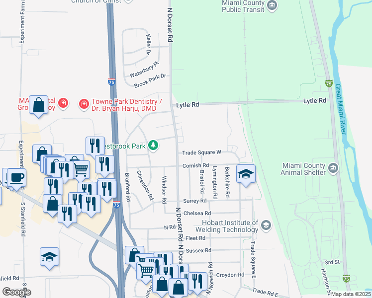 map of restaurants, bars, coffee shops, grocery stores, and more near 1441 Trade Square West in Troy