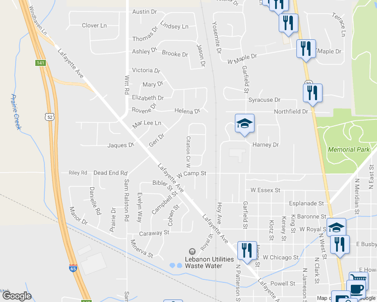 map of restaurants, bars, coffee shops, grocery stores, and more near 1314 Citation Circle West in Lebanon