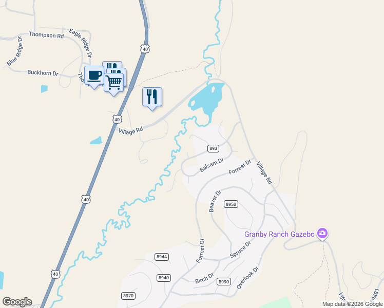 map of restaurants, bars, coffee shops, grocery stores, and more near 257 Evergreen Drive in Granby