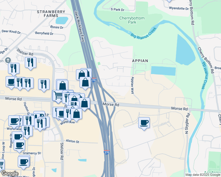 map of restaurants, bars, coffee shops, grocery stores, and more near 4387 Shoupmill Drive in Gahanna