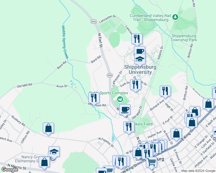 map of restaurants, bars, coffee shops, grocery stores, and more near 420 North Earl Street in Shippensburg