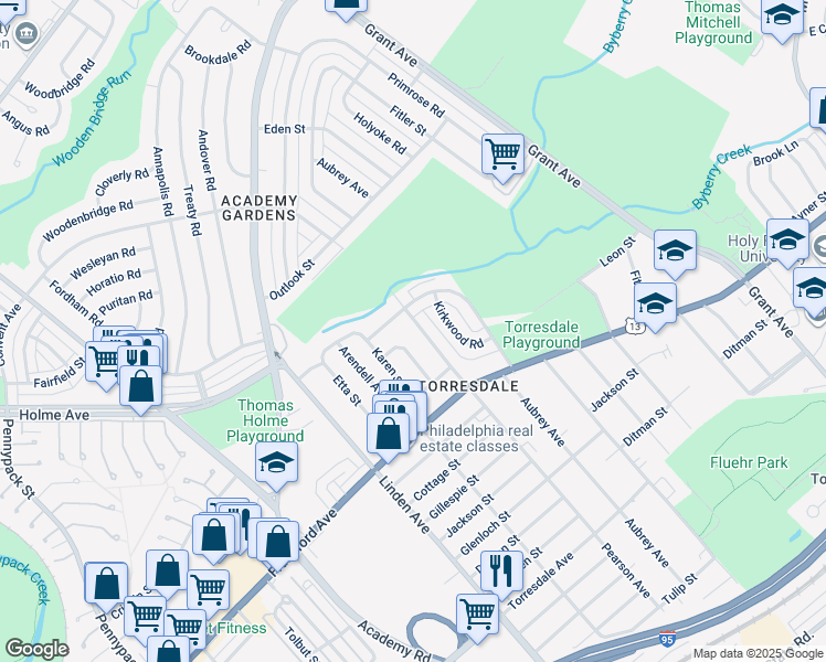 map of restaurants, bars, coffee shops, grocery stores, and more near 3815 Pearson Avenue in Philadelphia