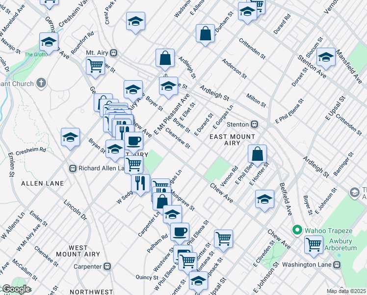 map of restaurants, bars, coffee shops, grocery stores, and more near 6908 Clearview Street in Philadelphia