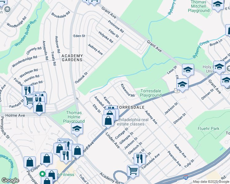 map of restaurants, bars, coffee shops, grocery stores, and more near 3815 Pearson Avenue in Philadelphia
