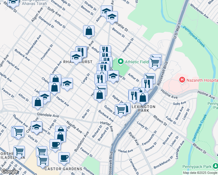 map of restaurants, bars, coffee shops, grocery stores, and more near 2227 Rhawn Street in Philadelphia
