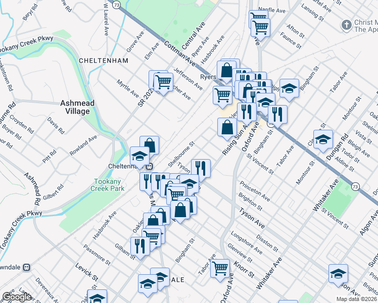 map of restaurants, bars, coffee shops, grocery stores, and more near 7032 Shelbourne Street in Philadelphia