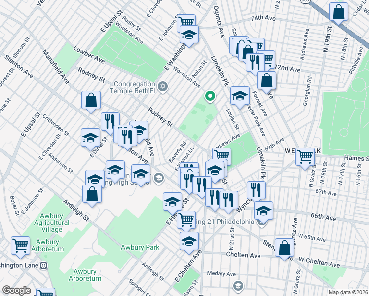 map of restaurants, bars, coffee shops, grocery stores, and more near 1543 East Walnut Lane in Philadelphia