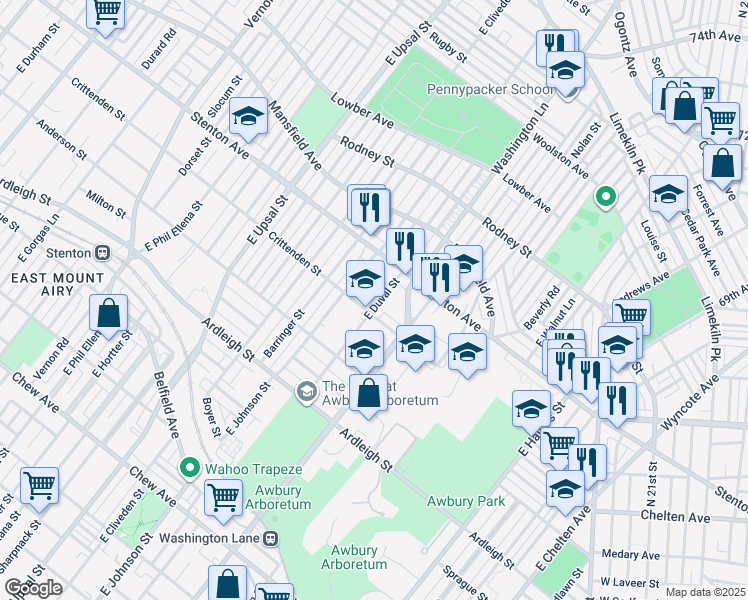 map of restaurants, bars, coffee shops, grocery stores, and more near 6336 Stenton Avenue in Philadelphia