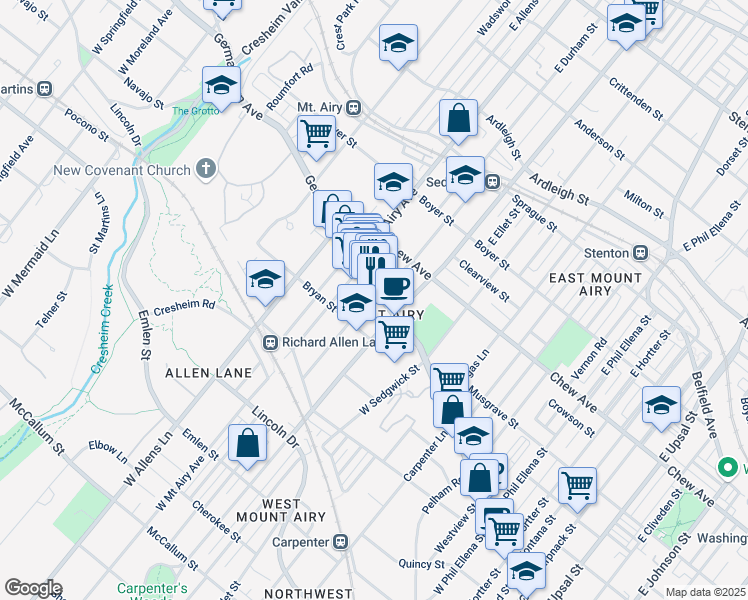 map of restaurants, bars, coffee shops, grocery stores, and more near 7140 Germantown Avenue in Philadelphia