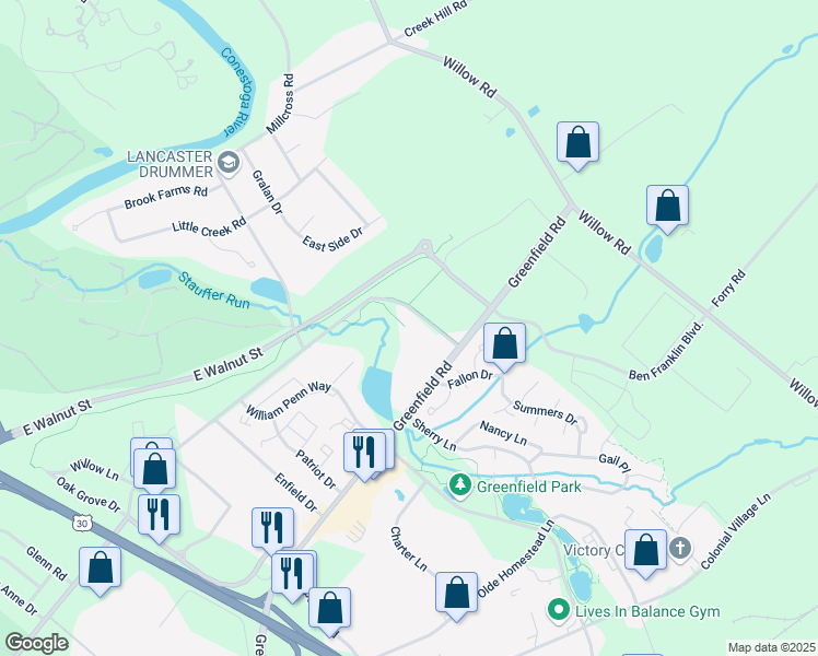 map of restaurants, bars, coffee shops, grocery stores, and more near 355 Pitney Road in Lancaster