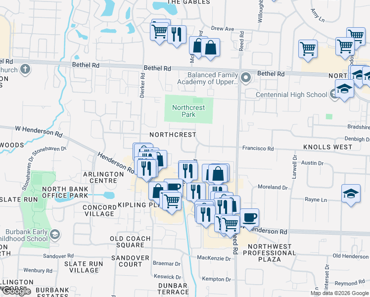 map of restaurants, bars, coffee shops, grocery stores, and more near 5020 New Haven Drive in Columbus