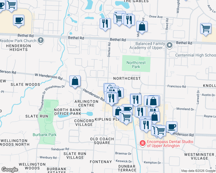 map of restaurants, bars, coffee shops, grocery stores, and more near 5020-5028 Dierker Road in Columbus