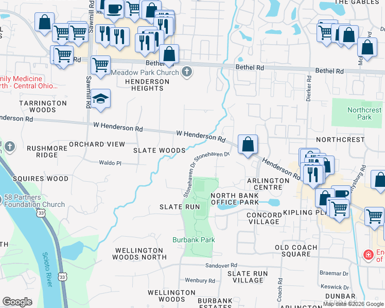 map of restaurants, bars, coffee shops, grocery stores, and more near 4881 Stonehaven Drive in Columbus