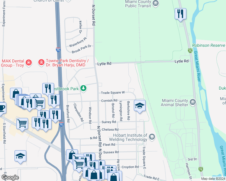 map of restaurants, bars, coffee shops, grocery stores, and more near 1387 Trade Square West in Troy