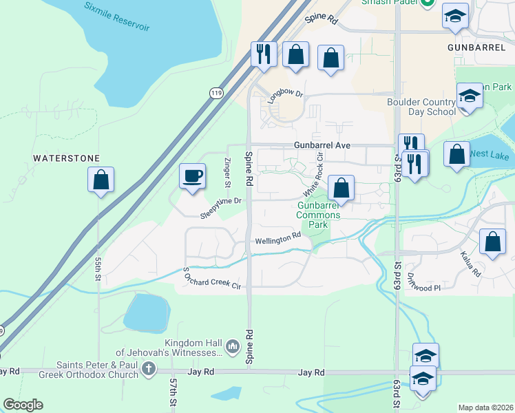 map of restaurants, bars, coffee shops, grocery stores, and more near 4650 White Rock Circle in Boulder