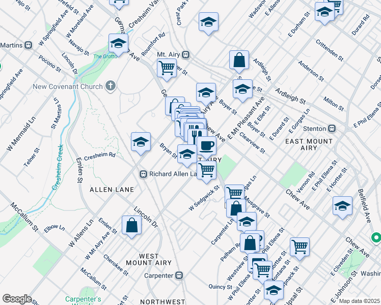 map of restaurants, bars, coffee shops, grocery stores, and more near 15 West Durham Street in Philadelphia