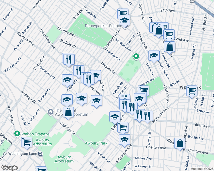 map of restaurants, bars, coffee shops, grocery stores, and more near 7242 Cornelius Street in Philadelphia