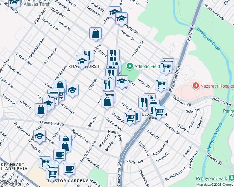 map of restaurants, bars, coffee shops, grocery stores, and more near 2227 Rhawn Street in Philadelphia