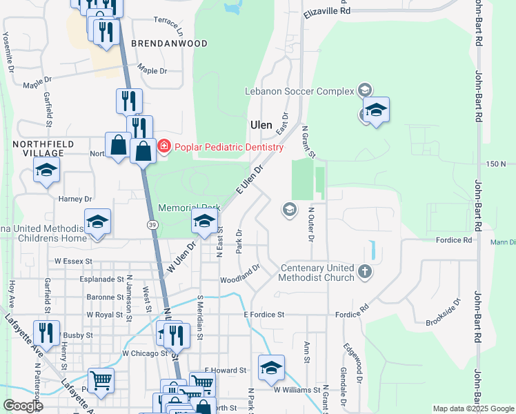 map of restaurants, bars, coffee shops, grocery stores, and more near 1507 Park Drive in Lebanon