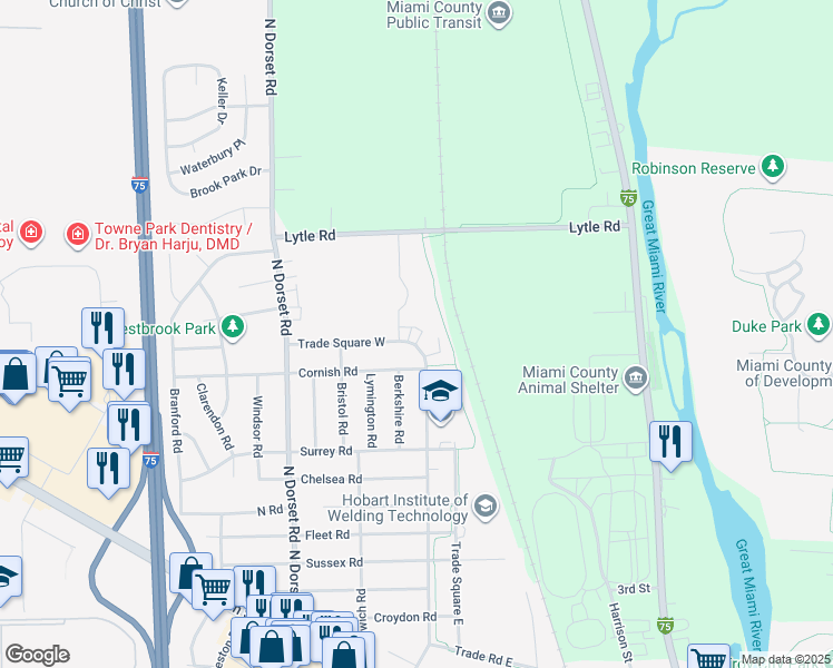 map of restaurants, bars, coffee shops, grocery stores, and more near 1331 Trade Square West in Troy