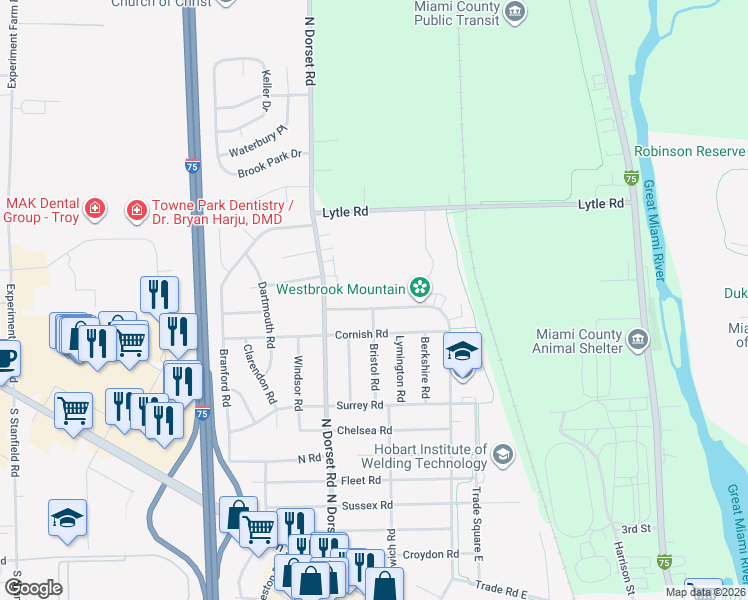map of restaurants, bars, coffee shops, grocery stores, and more near 1387 Trade Square West in Troy