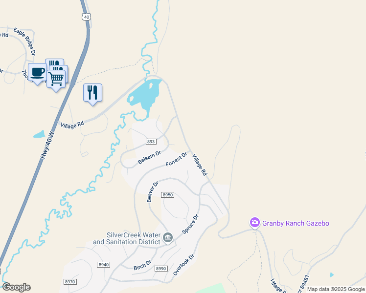 map of restaurants, bars, coffee shops, grocery stores, and more near 150 County Road 89 in Granby