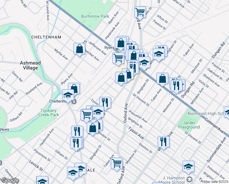 map of restaurants, bars, coffee shops, grocery stores, and more near 418 Friendship St in Philadelphia