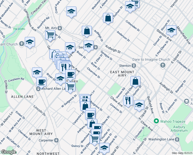map of restaurants, bars, coffee shops, grocery stores, and more near 6908 Clearview Street in Philadelphia