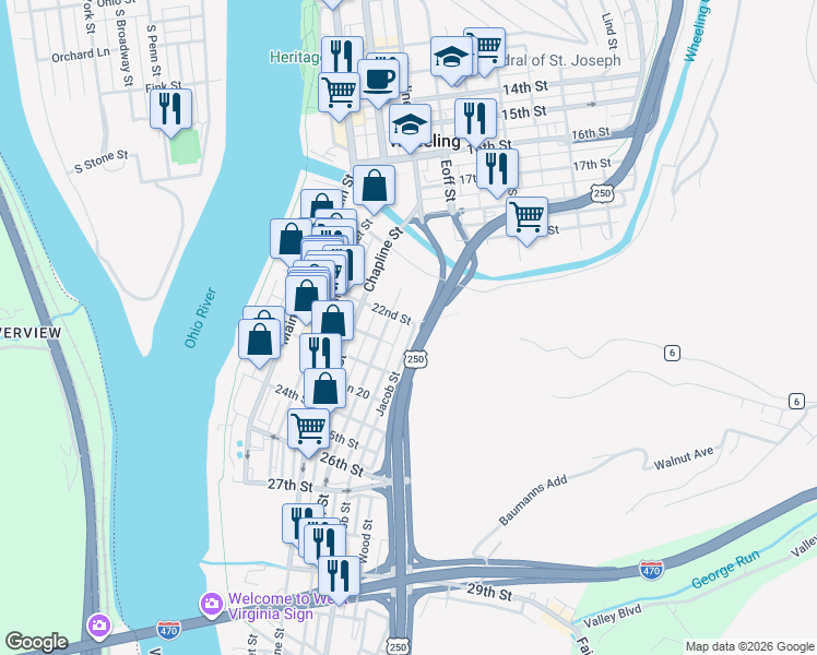 map of restaurants, bars, coffee shops, grocery stores, and more near 68 22nd Street in Wheeling