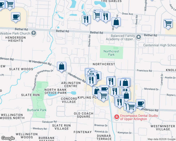 map of restaurants, bars, coffee shops, grocery stores, and more near 5020-5028 Dierker Road in Columbus