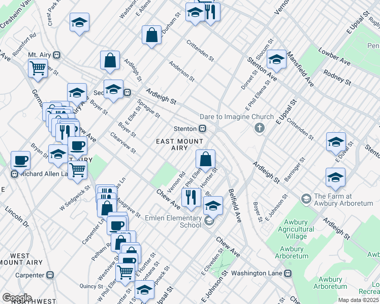 map of restaurants, bars, coffee shops, grocery stores, and more near 450 Slocum Street in Philadelphia