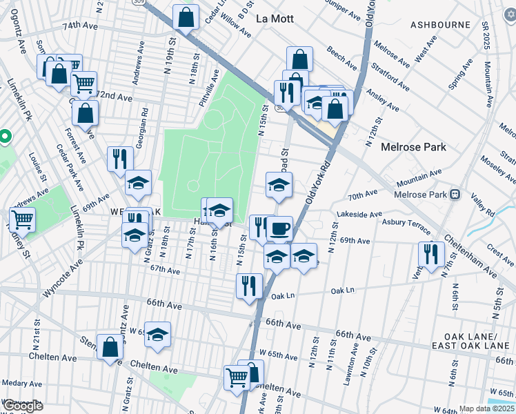 map of restaurants, bars, coffee shops, grocery stores, and more near 6935 North 15th Street in Philadelphia