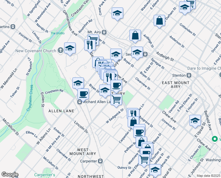 map of restaurants, bars, coffee shops, grocery stores, and more near 7130 Germantown Avenue in Philadelphia