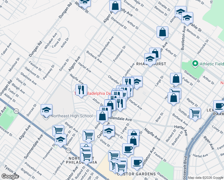 map of restaurants, bars, coffee shops, grocery stores, and more near 7732 Loretto Avenue in Philadelphia