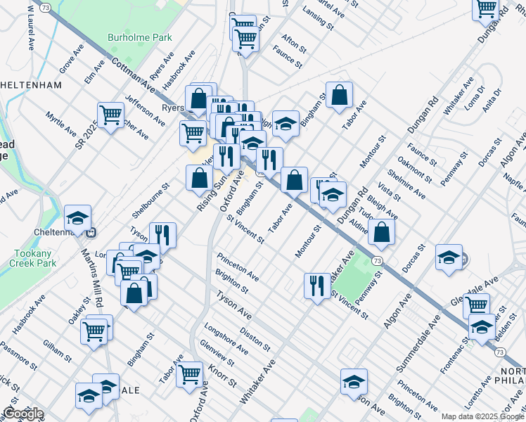 map of restaurants, bars, coffee shops, grocery stores, and more near 7251 Lawndale Avenue in Philadelphia