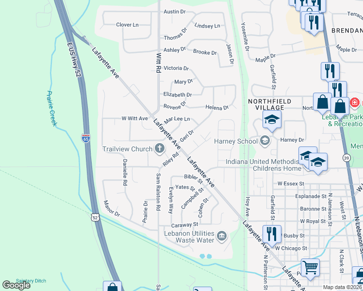 map of restaurants, bars, coffee shops, grocery stores, and more near 1405 Lafayette Avenue in Lebanon