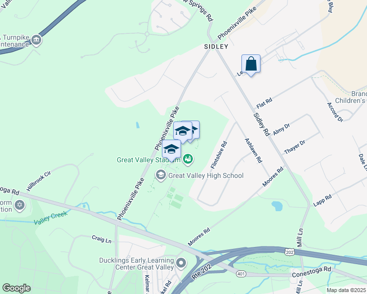 map of restaurants, bars, coffee shops, grocery stores, and more near 255 Phoenixville Pike in Malvern
